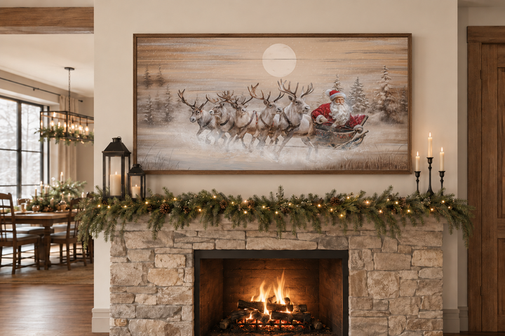 Rustic Santa Claus in sleigh with reindeer canvas wall art hanging above a stone fireplace mantel.
