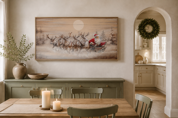 Rustic Santa Claus in sleigh with reindeer wall art on a wood-textured canvas in a dining room.