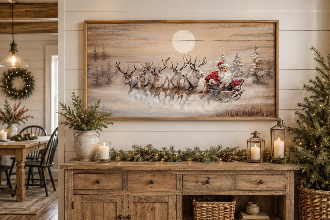 Santa Claus in sleigh with reindeer rustic wood-textured canvas wall art above a wooden sideboard.