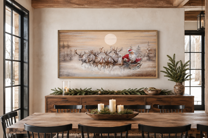 Rustic Santa Claus and reindeer sleigh wall art on a wood-textured canvas in a farmhouse dining room.