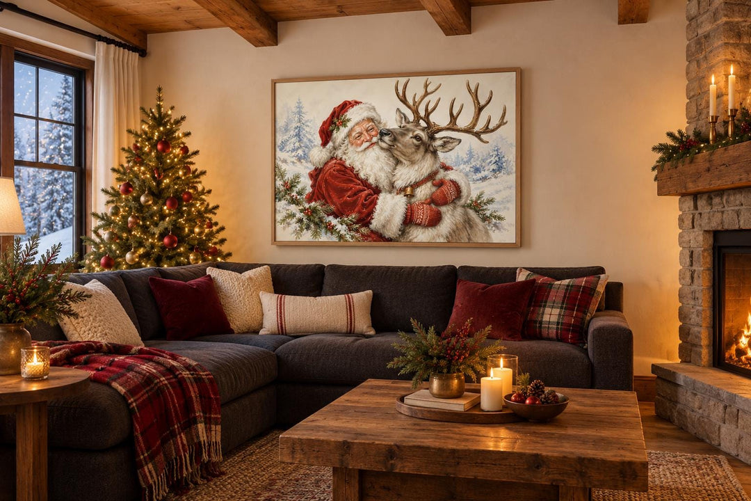 Weihnachtsmann mit Rentier – Leinwandbild mit Rahmen