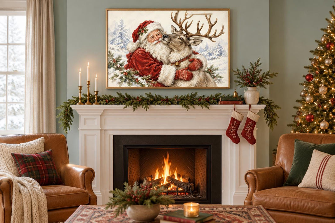 Weihnachtsmann mit Rentier – Leinwandbild mit Rahmen