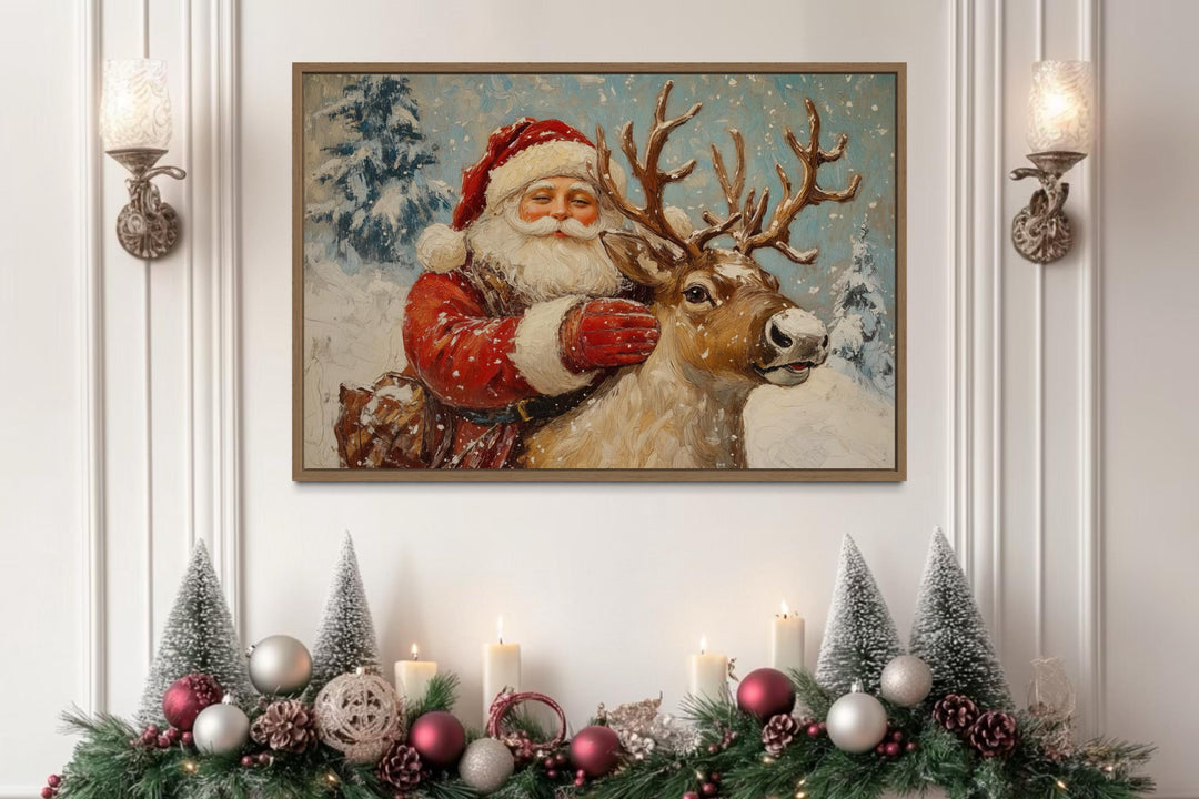 Santa Claus With Reindeer Christmas Canvas Wall Art