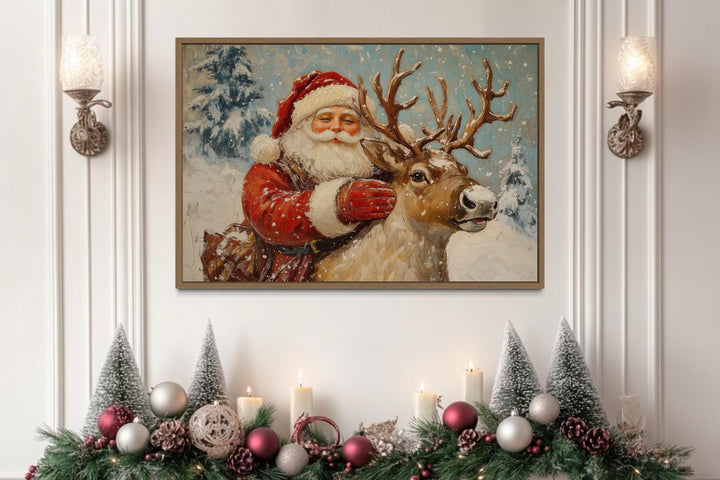 Santa Claus With Reindeer Christmas Canvas Wall Art