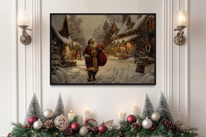 Santa Claus With Sack Of Gifts In Christmas Village Framed Canvas Wall Art