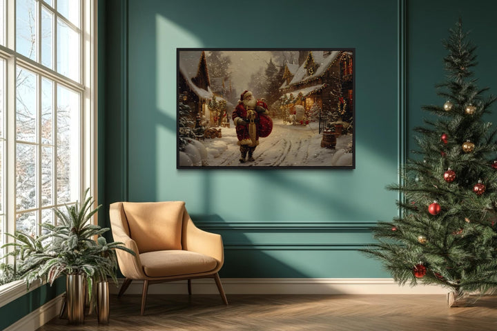 Santa Claus With Sack Of Gifts In Christmas Village Framed Canvas Wall Art