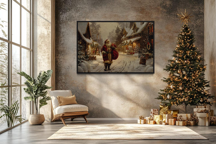 Santa Claus With Sack Of Gifts In Christmas Village Framed Canvas Wall Art