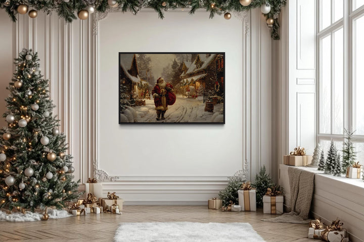 Santa Claus With Sack Of Gifts In Christmas Village Framed Canvas Wall Art