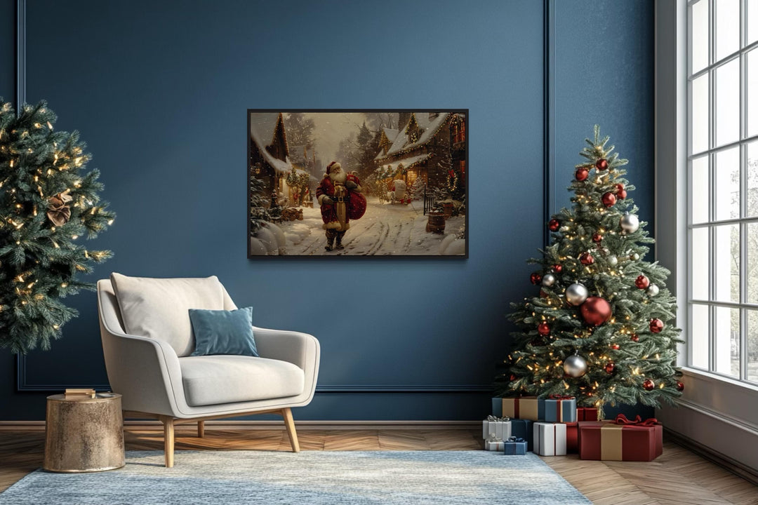 Santa Claus With Sack Of Gifts In Christmas Village Framed Canvas Wall Art