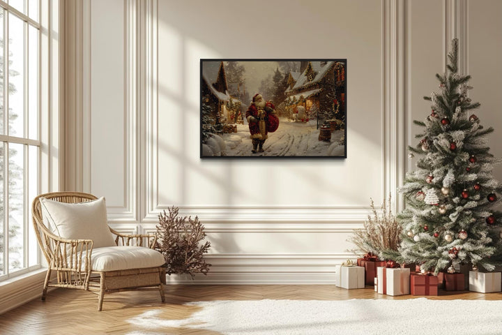 Santa Claus With Sack Of Gifts In Christmas Village Framed Canvas Wall Art