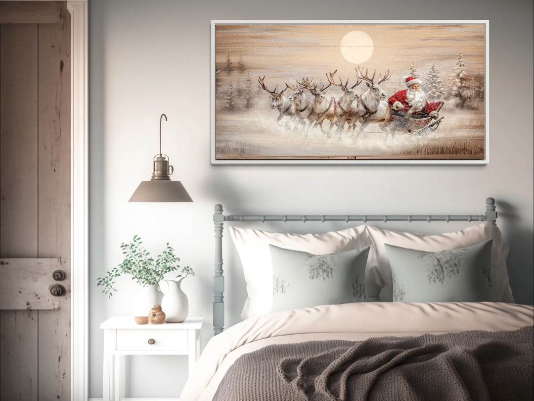 Santa Claus in Sleigh With Reindeer Painting On Wood Farmhouse Christmas Wall Art