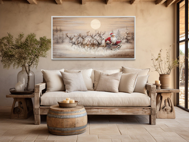 Santa Claus in Sleigh With Reindeer Painting On Wood Farmhouse Christmas Wall Art