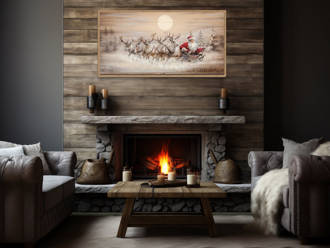 Santa Claus in Sleigh With Reindeer Painting On Wood Farmhouse Christmas Wall Art