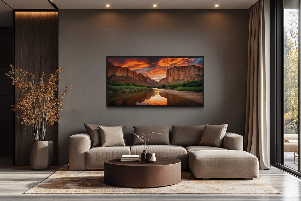 Santa Elena Canyon Big Bend National Park sunset canvas wall art above a modern sofa.