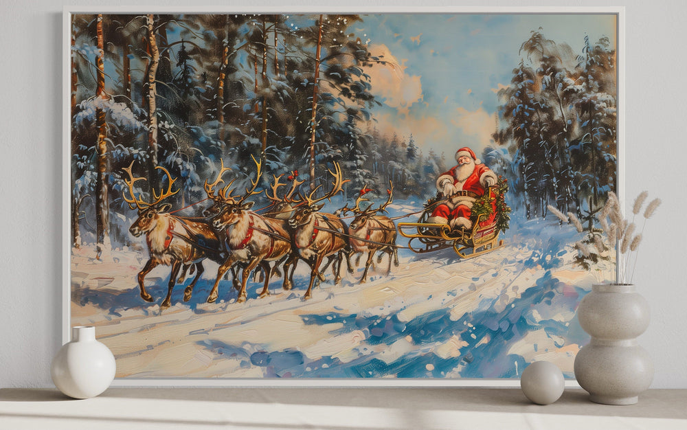 Santa In Sleigh Pulled By Reindeer In The Forest Christmas Wall Art