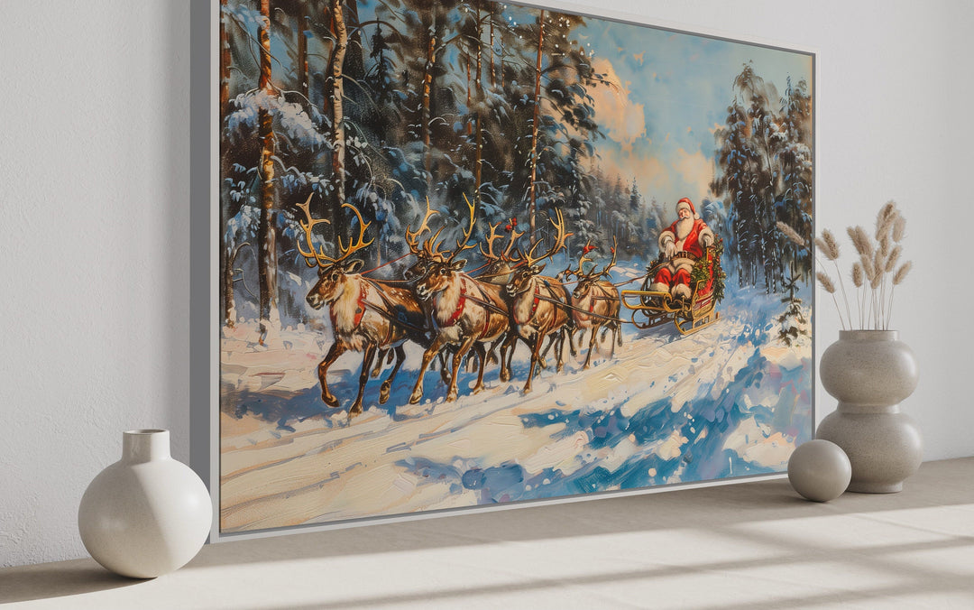 Santa In Sleigh Pulled By Reindeer In The Forest Christmas Wall Art