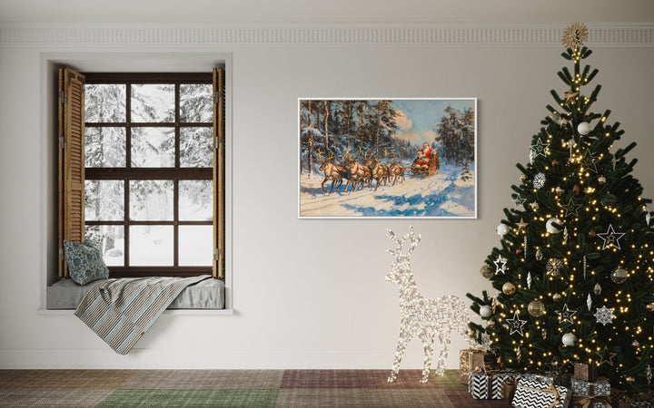 Santa In Sleigh Pulled By Reindeer In The Forest Christmas Wall Art