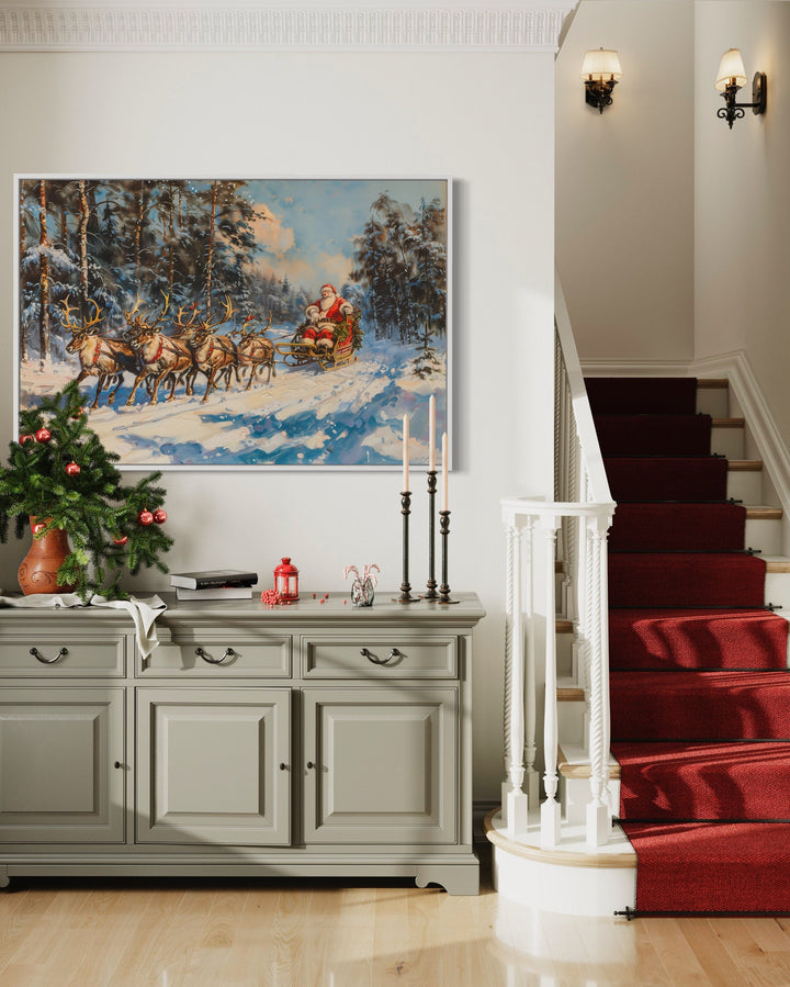 Santa In Sleigh Pulled By Reindeer In The Forest Christmas Wall Art