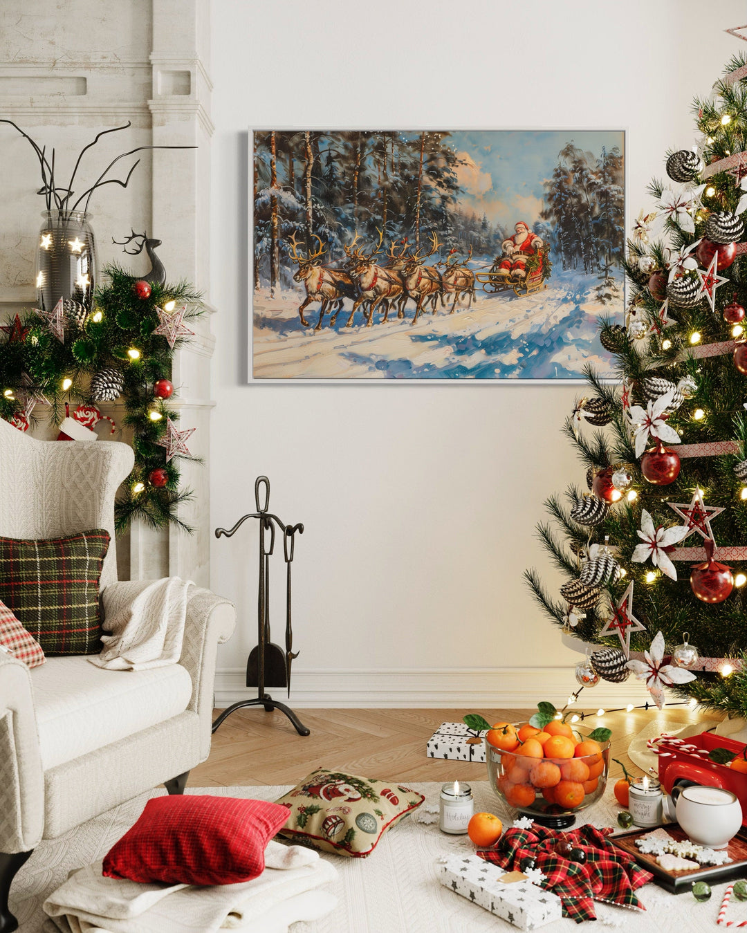 Santa In Sleigh Pulled By Reindeer In The Forest Christmas Wall Art