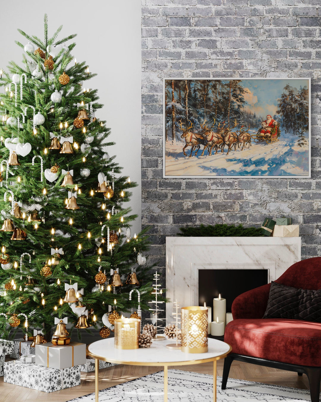 Santa In Sleigh Pulled By Reindeer In The Forest Christmas Wall Art