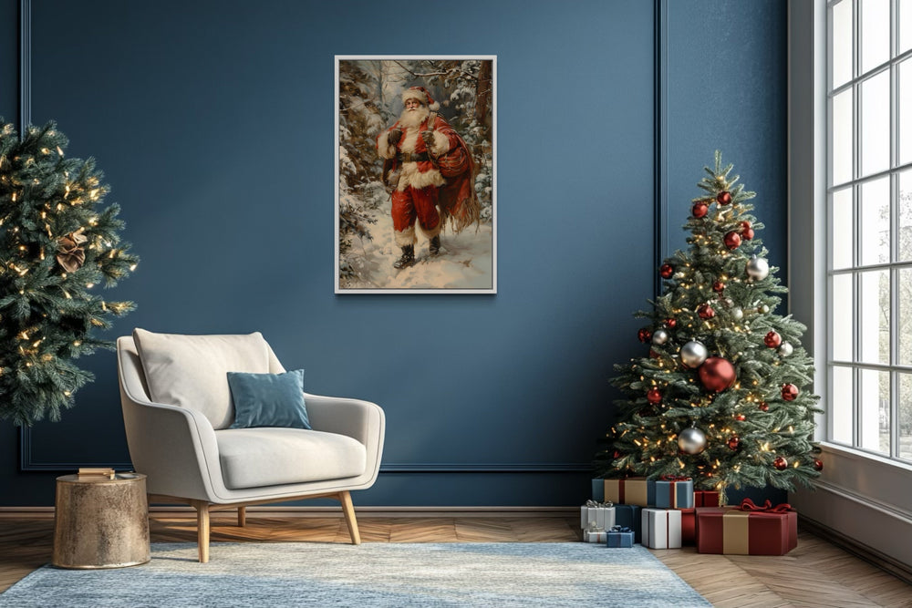 Santa In The Forest With Bag Of Gifts Framed Canvas Wall Art