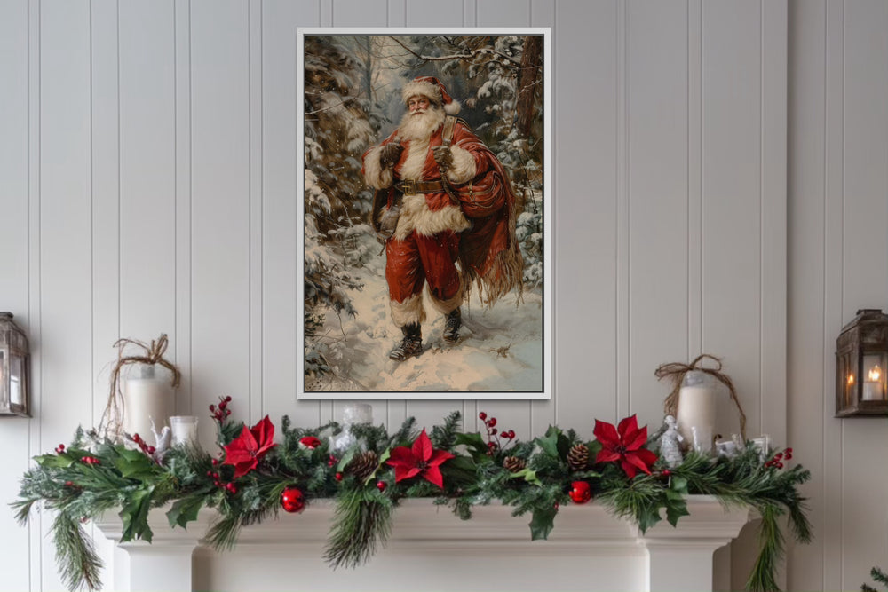 Santa In The Forest With Bag Of Gifts Framed Canvas Wall Art