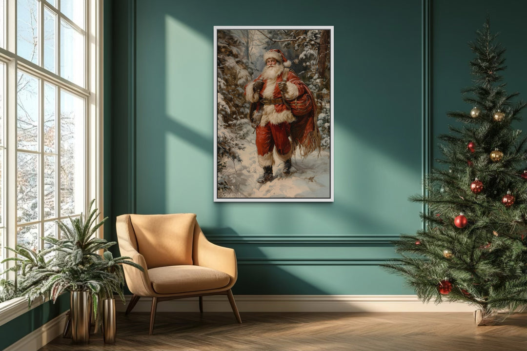 Santa In The Forest With Bag Of Gifts Framed Canvas Wall Art