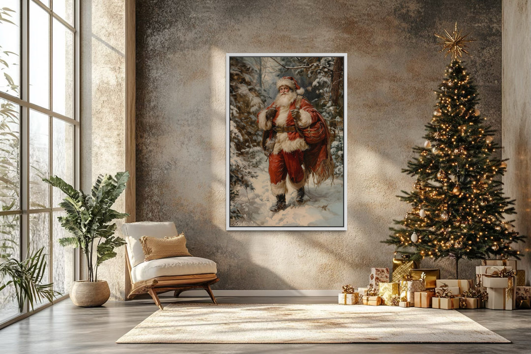 Santa In The Forest With Bag Of Gifts Framed Canvas Wall Art