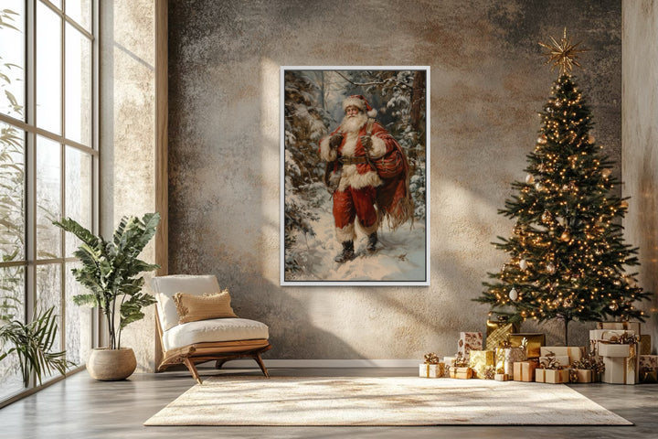 Santa In The Forest With Bag Of Gifts Framed Canvas Wall Art