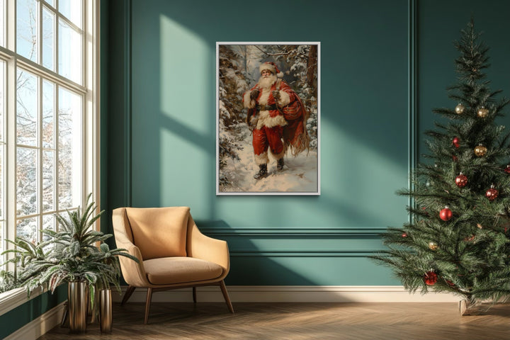 Santa In The Forest With Bag Of Gifts Framed Canvas Wall Art