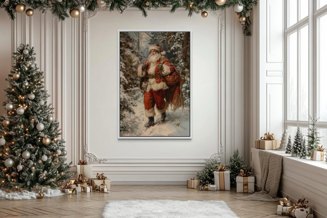 Santa In The Forest With Bag Of Gifts Framed Canvas Wall Art