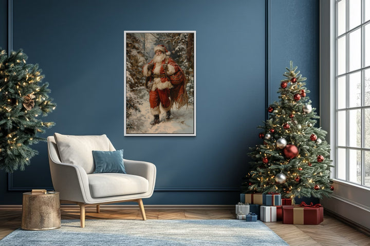 Santa In The Forest With Bag Of Gifts Framed Canvas Wall Art