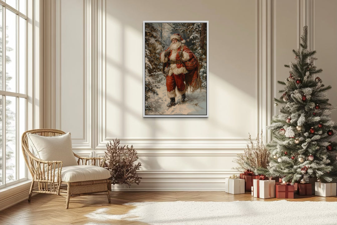 Santa In The Forest With Bag Of Gifts Framed Canvas Wall Art