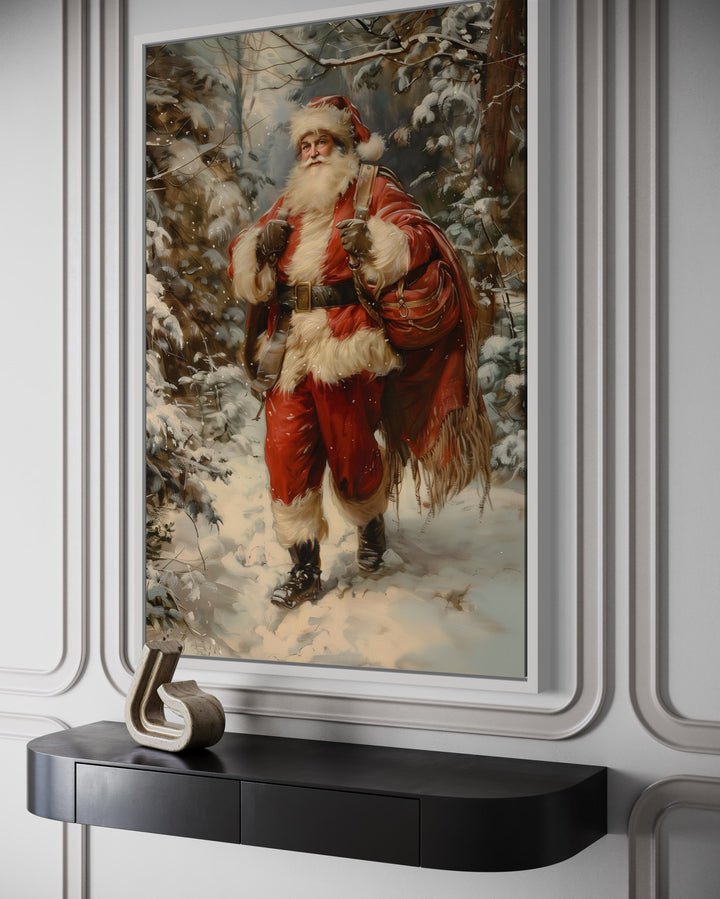 Santa In The Forest With Bag Of Gifts Framed Canvas Wall Art