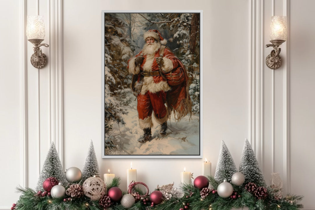 Santa In The Forest With Bag Of Gifts Framed Canvas Wall Art