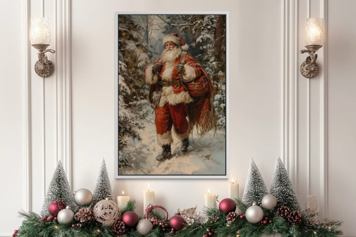 Santa In The Forest With Bag Of Gifts Framed Canvas Wall Art
