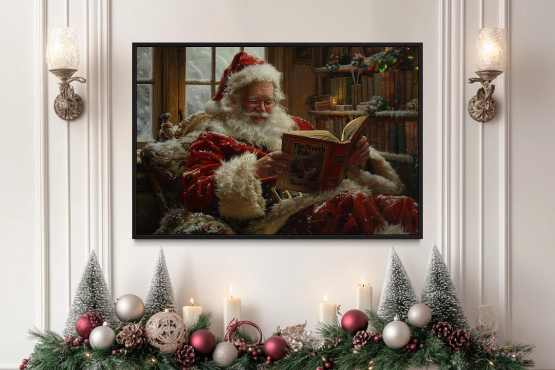 Santa Reading A Book Framed Canvas Wall Art