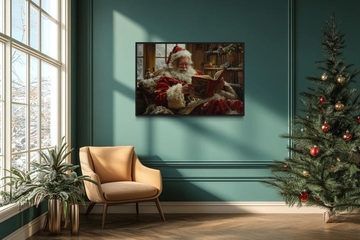 Santa Reading A Book Framed Canvas Wall Art