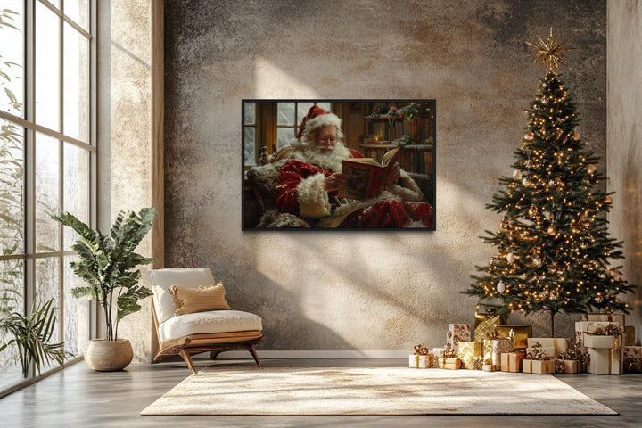 Santa Reading A Book Framed Canvas Wall Art