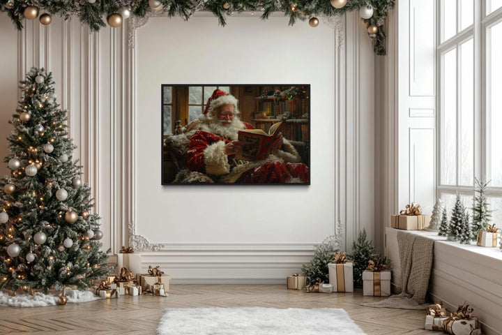 Santa Reading A Book Framed Canvas Wall Art