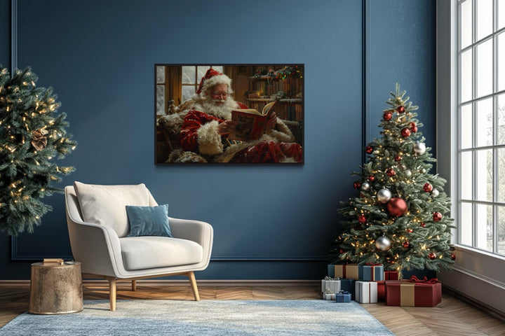 Santa Reading A Book Framed Canvas Wall Art