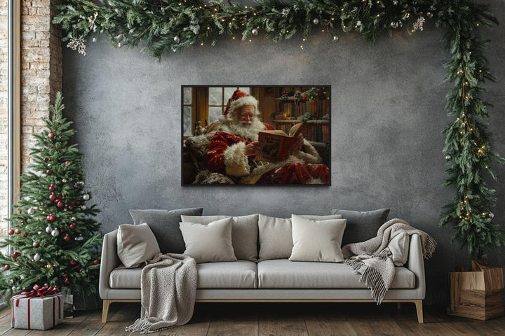 Santa Reading A Book Framed Canvas Wall Art