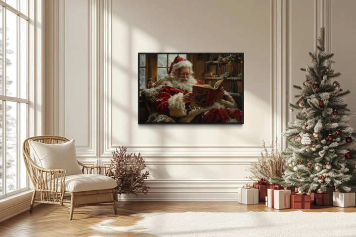 Santa Reading A Book Framed Canvas Wall Art