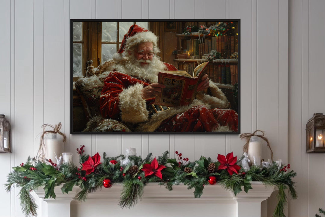 Santa Reading A Book Framed Canvas Wall Art