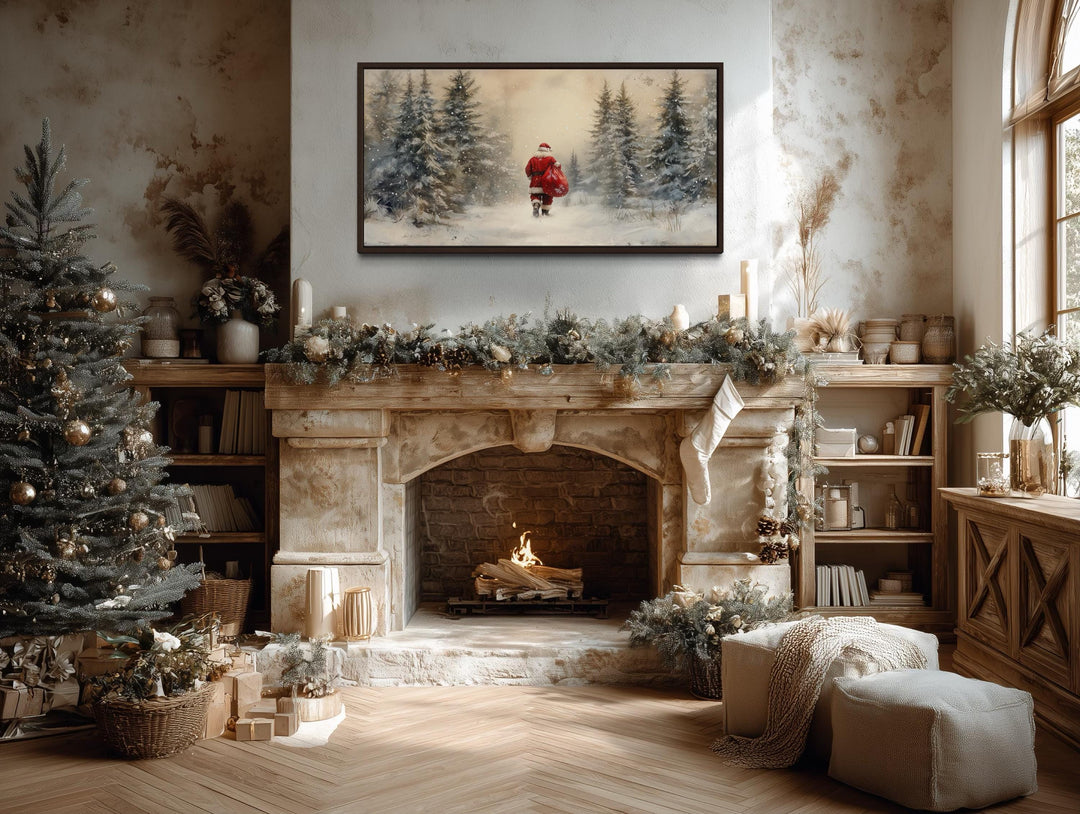 Santa Walking in Snowy Winter Forest Christmas Wall Art