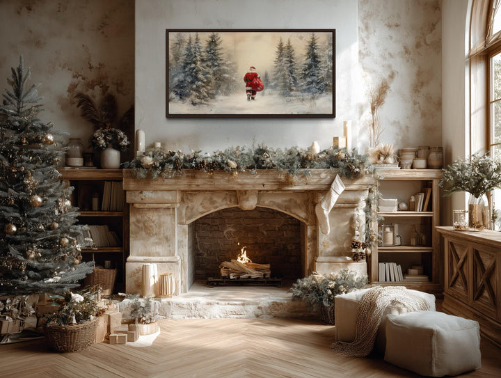 Santa Walking in Snowy Winter Forest Christmas Wall Art