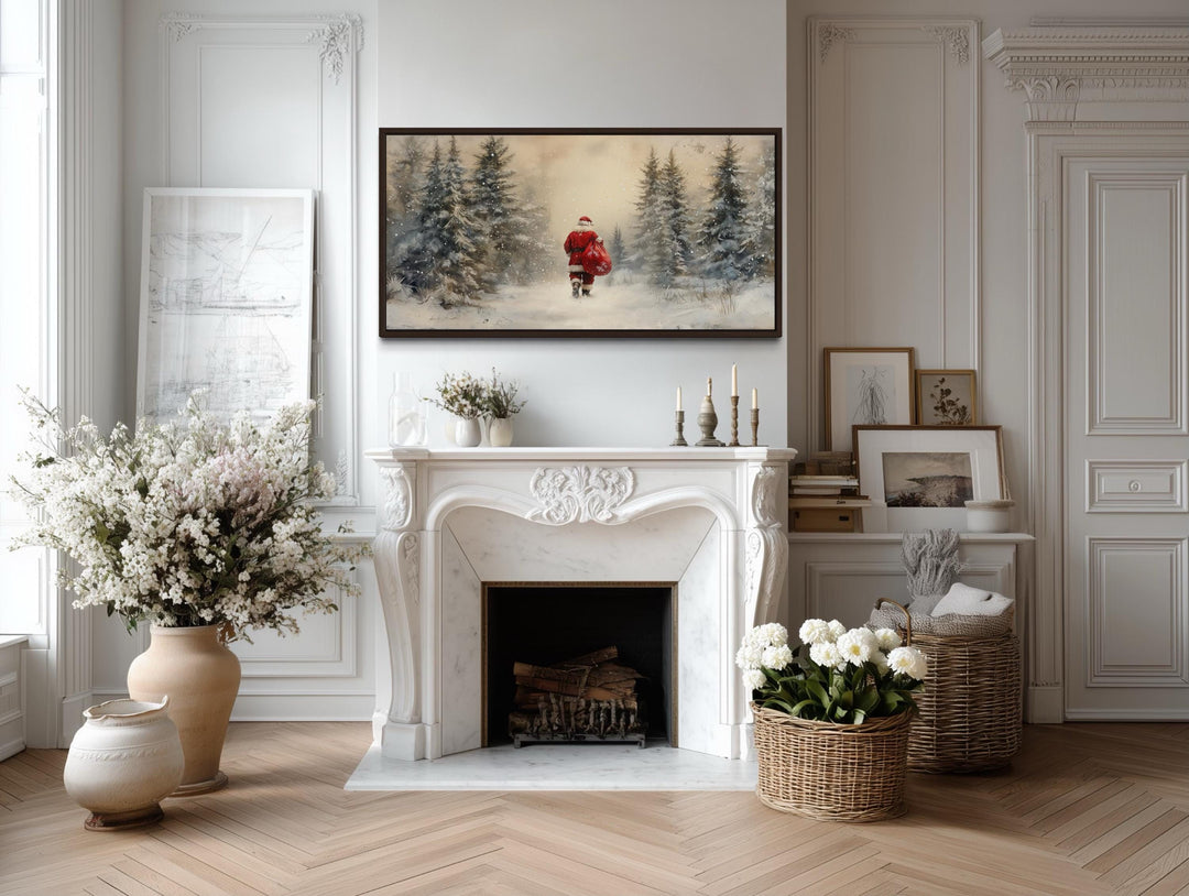 Santa Walking in Snowy Winter Forest Christmas Wall Art