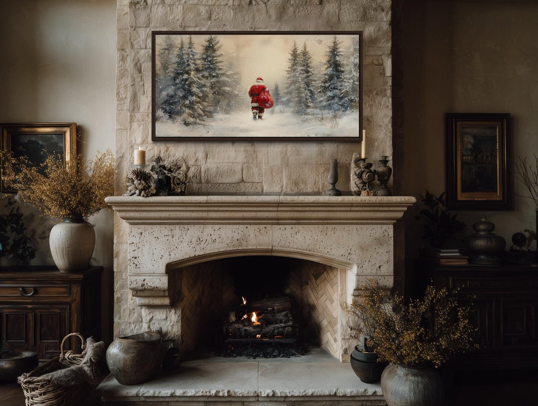 Santa Walking in Snowy Winter Forest Christmas Wall Art