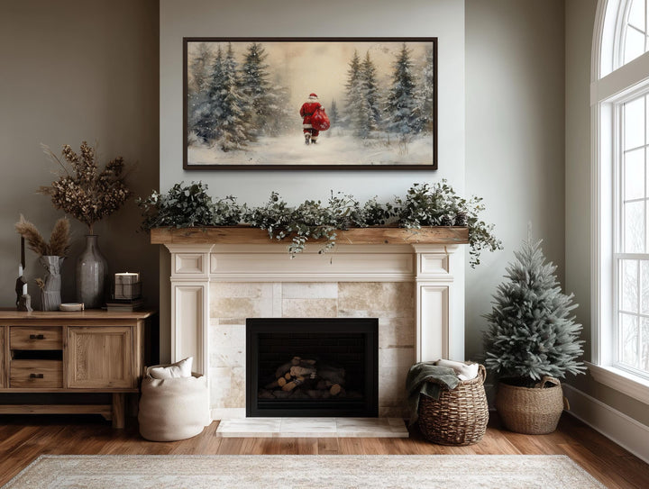 Santa Walking in Snowy Winter Forest Christmas Wall Art