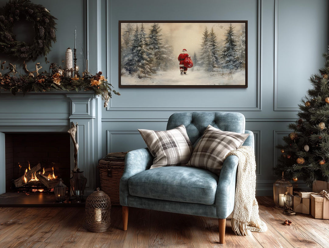 Santa Walking in Snowy Winter Forest Christmas Wall Art
